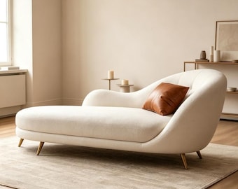 Crème bouclé chaise longue, gebogen dagbedbank, moderne loungebank voor woonkamer of slaapkamer, gestoffeerde leesstoel, meubelen