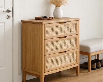 北欧風ラタン製ドレッサーキャビネット、無垢材製3段引き出し収納キャビネット、天然木ナイトスタンド、寝室用収納棚、新築祝いギフト
