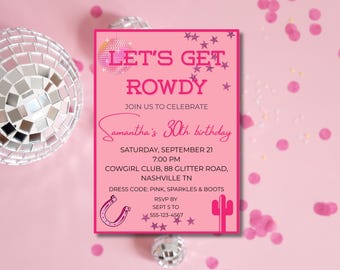 Faire-part d'anniversaire cow-girl rose : EVJF disco western (modèle de toile modifiable)