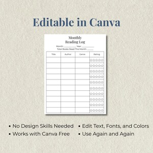 Editable Monthly Reading Log template in Canva, customizable book tracker with title author genre and rating columns, works with Canva Free account.