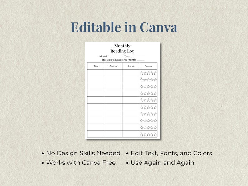 Editable Monthly Reading Log template in Canva, customizable book tracker with title author genre and rating columns, works with Canva Free account.