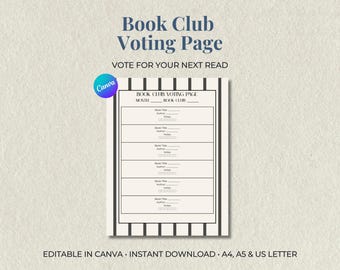 Page de vote du club de lecture imprimable, modèle modifiable sur toile, outil de suivi des votes, téléchargement immédiat