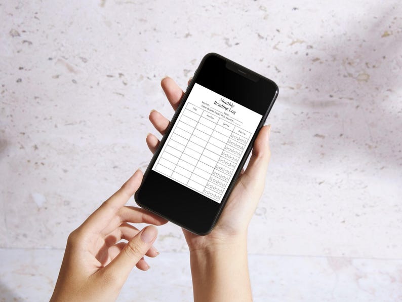 Monthly reading log Canva template displayed on smartphone screen, digital book tracker editable online for Kindle and physical book readers.