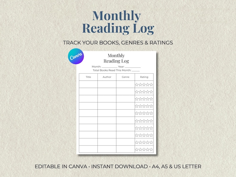 Minimal Monthly Reading Log Canva template with blue serif title on textured beige background, printable book tracker editable in Canva, includes A4 A5 and US Letter sizes.