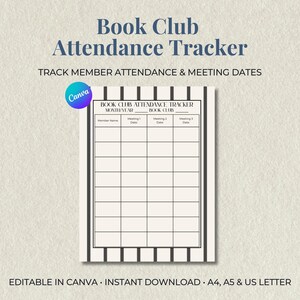 Book Club Attendance Tracker Printable, Editable Canva Template, Instant Download, Meeting Log Sheet