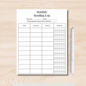 Printable monthly reading log displayed on wooden desk with pen, minimalist book tracking sheet with star rating column and editable month field.