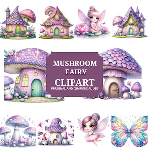 Watercolor magical garden purple fairies clipart Bundle, Nature Cute magical forest fairy first birthday png, Fairytale fantasy fairy house