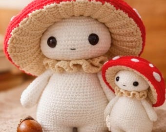 Virkmönster för svampdocka PDF – Amigurumi plysch med röd svamphatt – Digital nedladdning