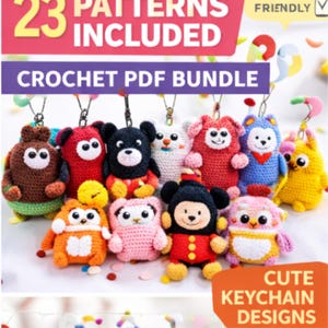 May include: A collection of colorful crochet keychain designs, including bears, owls, and other cute characters. The image includes text that reads "23 PATTERNS INCLUDED" and "CROCHET PDF BUNDLE". The keychains are in various colors, such as brown, red, and yellow.