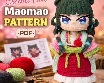 Maomao Crochet Doll Pattern PDF – Amigurumi Doll with Coat, Scarf and Rose – Digital Download