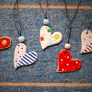 Clay Heart Pendant Necklace, Handmade Design Jewelry Gift, Polka Dot Ceramic Navy, Colorful Heart Pendant Charm, Bohemian Boho Heart Bead