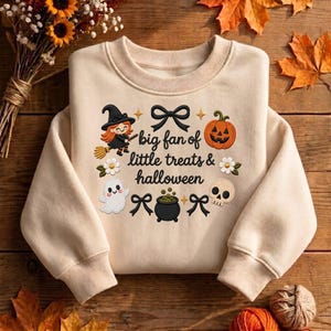 Big Fan of Little Treats Halloween Sweatshirt, Embroidered Cute Witch Ghost Pumpkin Shirt, Girly Spooky Season Crewneck Gift
