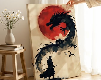 Dragon Samurai Japanese Wall Art Samurai Poster Print Mythical Dragon Print Oriental Modern Decor