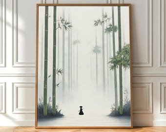 Hög bambuskog Japandi väggkonst minimalistisk japansk naturposter zen bambutryck för modernt hem sovrum badrum