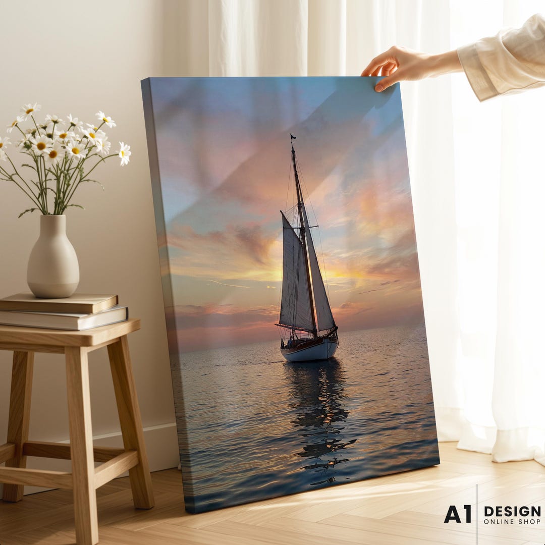 Ocean Seascape Wall Art Sailboat Sunset Canvas Peaceful Coastal Home ...