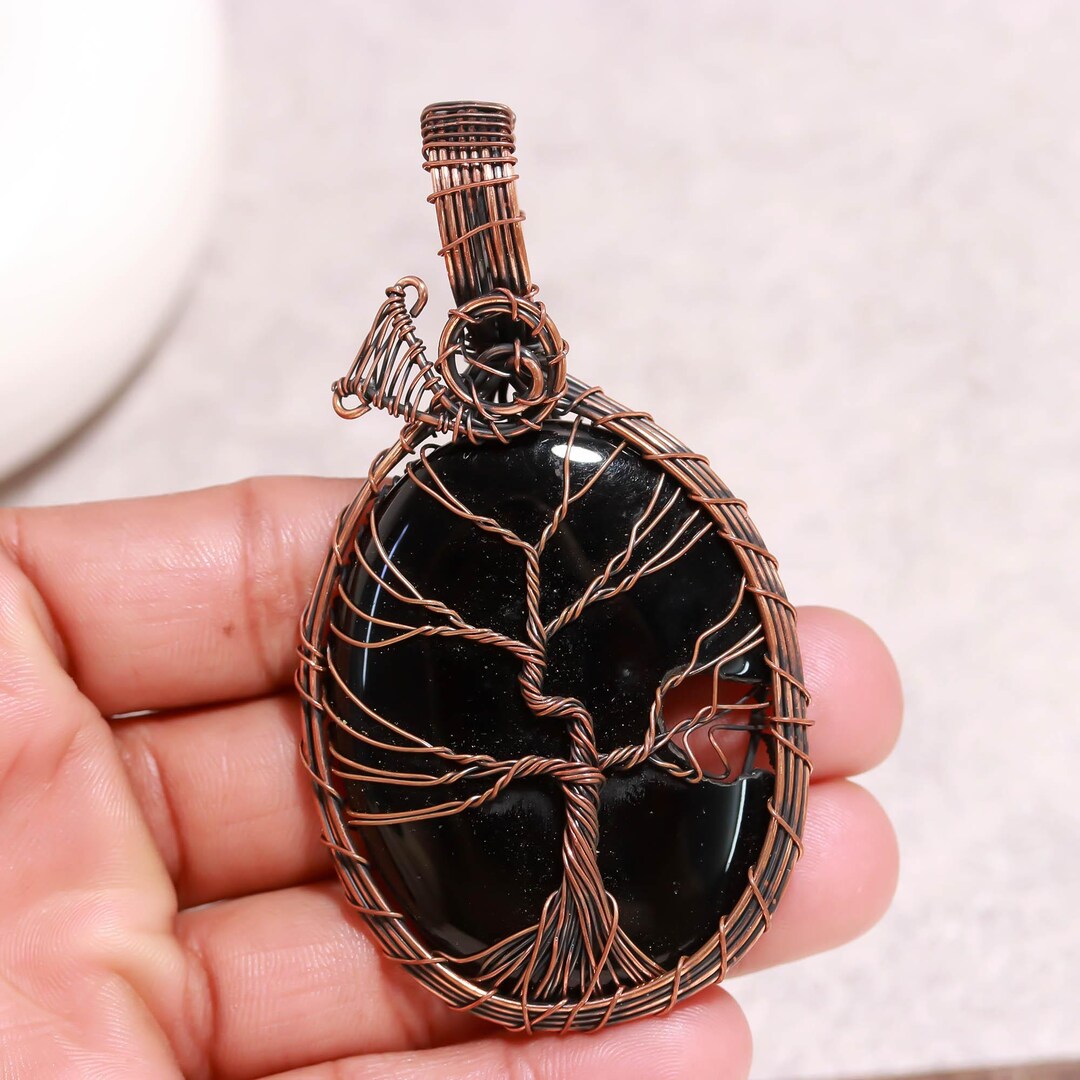 Black Obsidian Tree of Life Pendant, Copper Wire Wrapped Black Stone ...