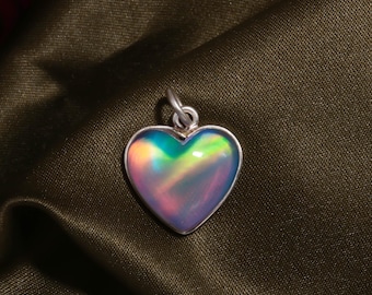 Heart Opal Pendant, Sterling Silver Charm, October Birthstone Jewelry, Fire Opal Heart Necklace Charm, Dainty Gift for Her