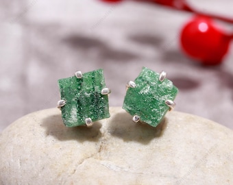 Raw Green Tourmaline Stud Earrings: Sterling Silver Healing Stone Jewelry