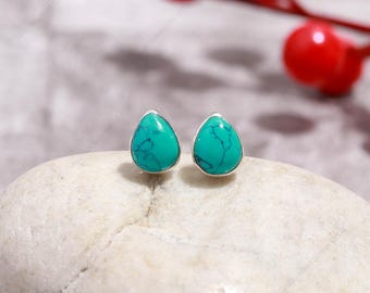 Pendientes de botón de turquesa en forma de lágrima: Plata de ley 925, piedra de nacimiento de diciembre