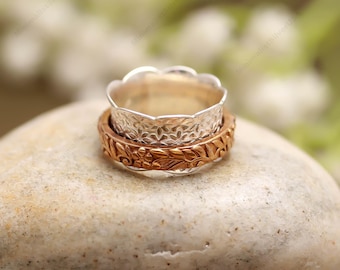 Floral Engraved Sterling Silver Spinner Ring – Wide Boho Meditation Band