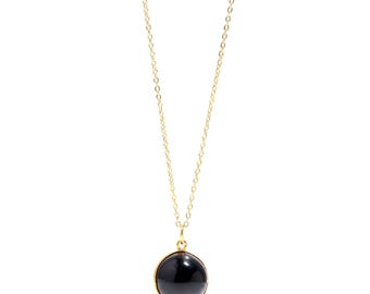 18k Gold Plated Black Onyx Round Pendant Necklace • Minimalist Bezel Set Everyday Jewelry