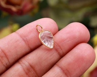 Carving Quartz Leaf Pendant, Gold Plated Sterling Silver Bezel, Handmade Boho Charm