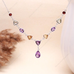 Multicolor Gemstone Statement Necklace: Sterling Silver Amethyst, Citrine, Garnet