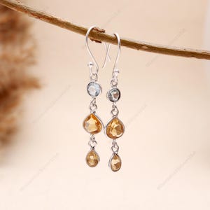 Blue Topaz & Citrine Dangle Earrings | Sterling Silver Drop Earrings | Multi Gemstone Jewelry | Gift for Her |Boho Minimalist Style Necklace