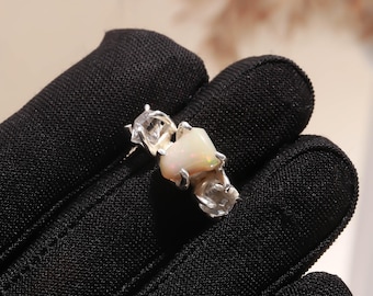 Raw Opal Ring with Herkimer Diamond: Sterling Silver Bohemian Jewelry