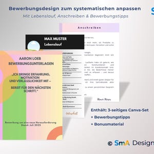 May include: A promotional image for a resume design set. The image features a resume, cover letter, and tips. The documents have text in German. The image includes the text "MAX MUSTER Lebenslauf" and "AARON LOEB BEWERBUNGSUNTERLAGEN".