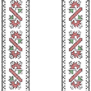 Op de afbeelding: Witte stof met een gedetailleerd kruissteekpatroon. Het ontwerp bevat herhaalde rode en groene bloemen- en geometrische motieven, omlijst door een zwarte rand. De centrale zone is effen wit.