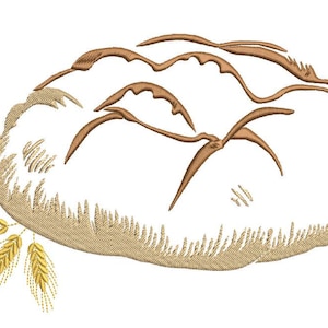 Könnte beinhalten: Eine Stickerei eines Brotlaibs mit Weizenähren. Das Brot ist weiß mit braunen Details, und der Weizen ist golden. Geeignet für Küchen-Dekoration oder Textilprojekte.