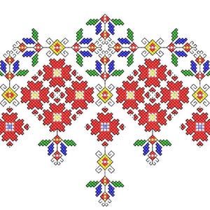Könnte beinhalten: Detailliertes Kreuzstichmuster mit einem symmetrischen Blumendesign. Das Design enthält rote, gelbe, blaue und grüne Elemente auf weißem Hintergrund. Die floralen Motive sind in einem sich wiederholenden Muster angeordnet und erzeugen ein ansprechendes Textildesign.