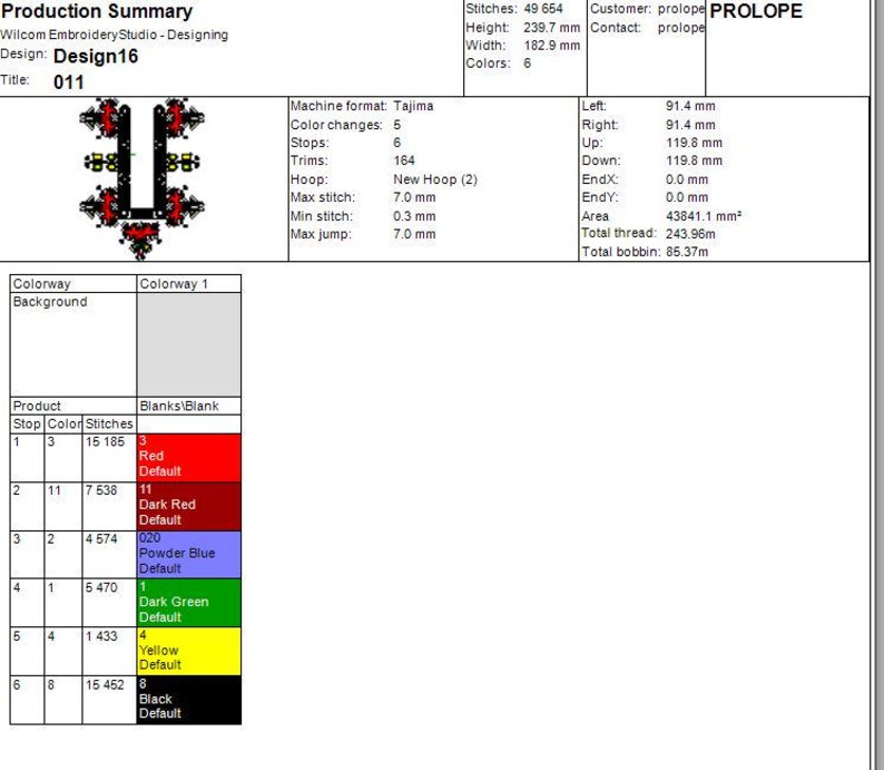 Puede incluir: Un resumen de producci&oacute;n de Wilcom Embroidery Studio, que detalla el dise&ntilde;o 011. El documento incluye recuentos de puntadas, informaci&oacute;n de color y medidas en mil&iacute;metros. Las combinaciones de colores incluyen rojo, rojo oscuro, azul claro, verde oscuro, amarillo y negro.