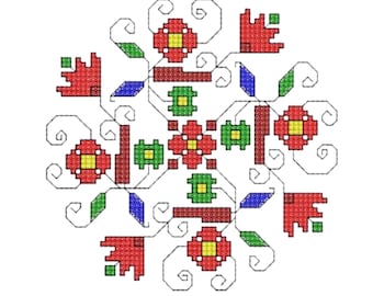 May include: A cross-stitch pattern featuring a central floral motif surrounded by red flowers with yellow centers, green square accents, and blue diamond-shaped leaves. The design includes black stitched lines forming swirling stems.