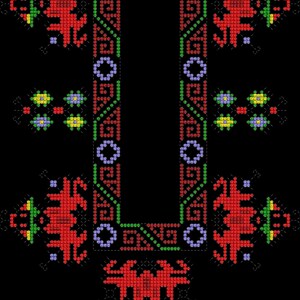Puede incluir: Dise&ntilde;o de bordado detallado sobre fondo negro. El dise&ntilde;o presenta patrones geom&eacute;tricos rojos, verdes, amarillos y azules, incluyendo formas florales y abstractas. El patr&oacute;n sim&eacute;trico es probablemente para una prenda.