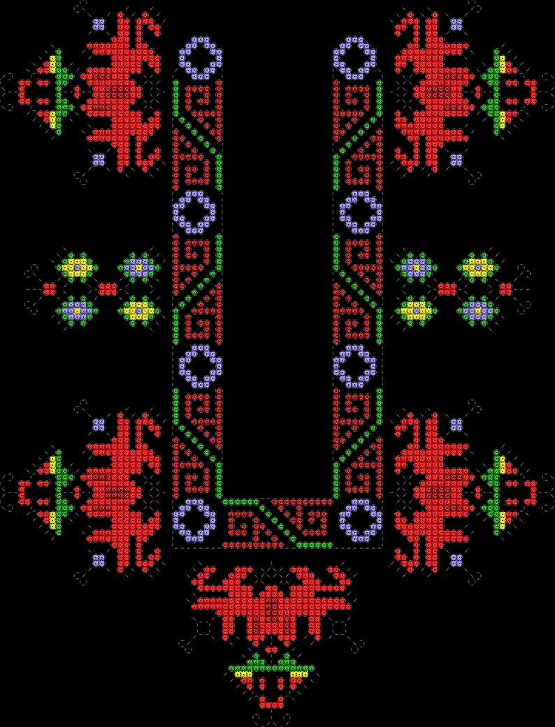 Puede incluir: Dise&ntilde;o de bordado detallado sobre fondo negro. El dise&ntilde;o presenta patrones geom&eacute;tricos rojos, verdes, amarillos y azules, incluyendo formas florales y abstractas. El patr&oacute;n sim&eacute;trico es probablemente para una prenda.