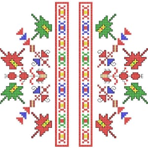 Puede incluir: Diseño simétrico de punto de cruz con motivos florales y geométricos en rojo, verde, amarillo y azul. Dos columnas verticales con un patrón repetitivo enmarcan el diseño.