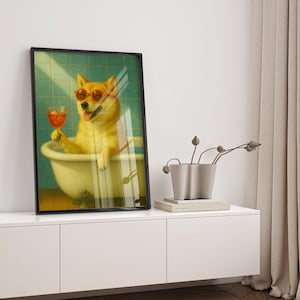 Shiba Inu in Bathtub Wall Art, Japanese Dog Bathroom Print, Funny Pet Poster, Cute Animal Art, Shiba Inu Lover Gift, Digital Download Decor