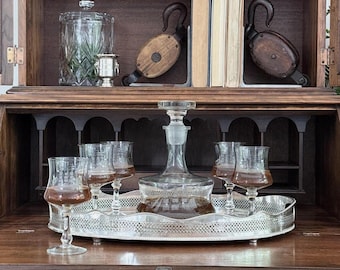 Vintage Ship Decanter with 5 Etched Brandy Glasses