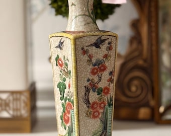 Vintage Chinese Crackle Glaze Square Vase | Chinoiserie Floral & Bird Porcelain | 10”