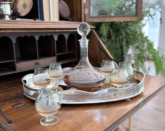 Vintage Etched Captains Ship Decanter and Six Snifters