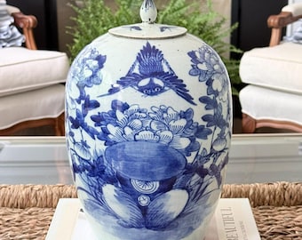 Antique Handpainted Blue & White Ginger Jar with Lid