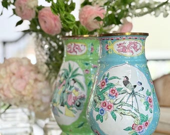 Vintage Chinoiserie Enamel Vases, Pair