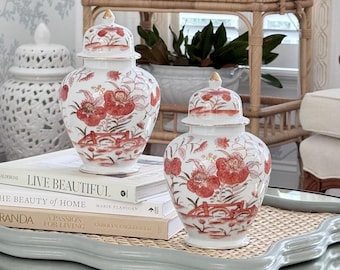 Vintage Coral Orange Chinoiserie Ginger Jar Pair, Andrea by Sadek Japan