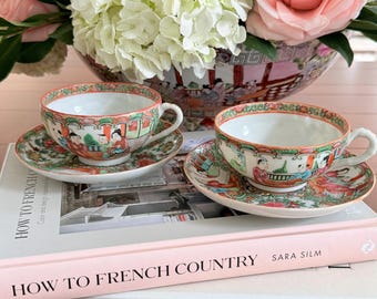 Vintage Hand-Painted Rose Medallion Teacup & Saucer