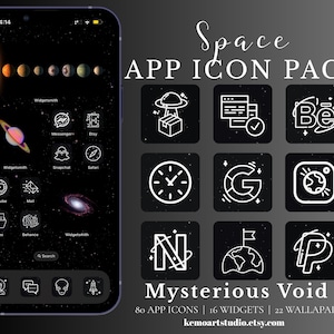 May include: A smartphone screen displays a space-themed app icon pack. The icons are white on black squares, with a galaxy background. The pack includes 80 app icons, 16 widgets, and 22 wallpapers. Text reads "Space App Icon Pack" and "Mysterious Void."