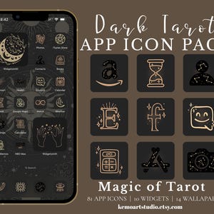 May include: A mobile phone screen showing a custom app icon pack with a dark tarot theme. The icons are black with gold detailing, featuring celestial and mystical symbols. The text "Dark Tarot APP ICON PACK" is visible, along with "Magic of Tarot" and the Etsy shop URL.
