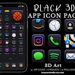 Könnte beinhalten: Ein Smartphone-Bildschirm mit einem benutzerdefinierten 3D-App-Icon-Paket. Die schwarzen Icons haben farbige Akzente, darunter ein Basketball, eine Uhr und Social-Media-Logos. Der Text "BLACK 3D APP ICON PACK" steht oben, mit "3D Art" und Shop-Details unten.