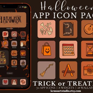 May include: A Halloween app icon pack, displayed on a phone screen, with orange and brown icons. The pack includes icons for messages, notes, and social media, with the word "Halloween" at the top. The text "Trick or Treating" is also visible.